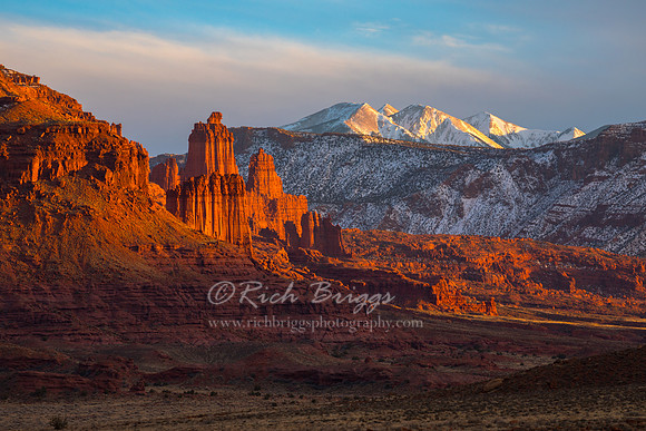 Fisher Towers and the La Sal Mountains at Sunset